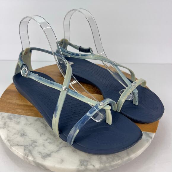 EUC Crocs Really Sexi Marbled Blue White Strappy Tie Dye Thong Flip Sandal 9 - Picture 2 of 8